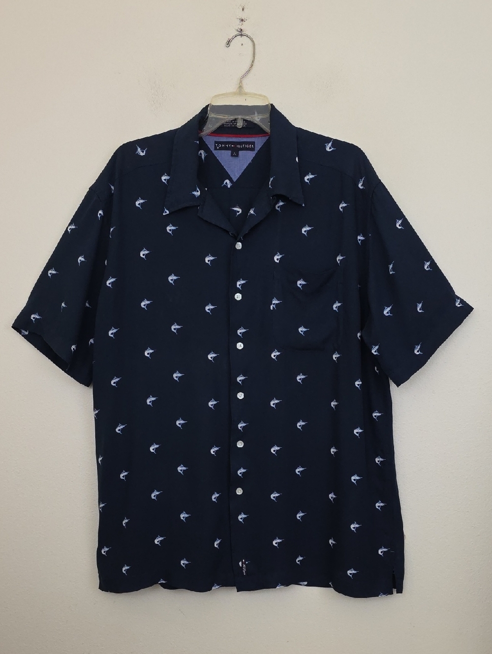 Tommy Hilfiger Dark Blue w/ White Swordfish Short Sleeve Button Shirt L